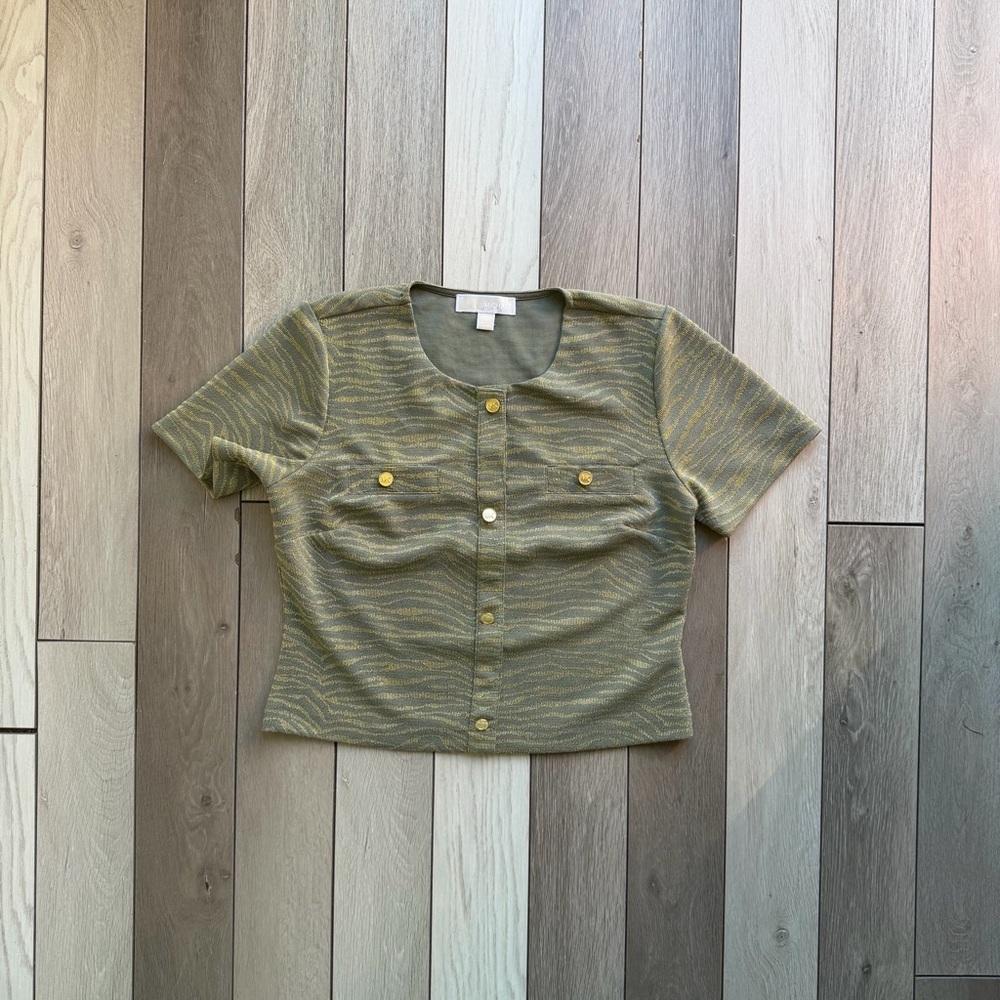 Michael Kors Womens Army Green Metallic Gold Zebra Top